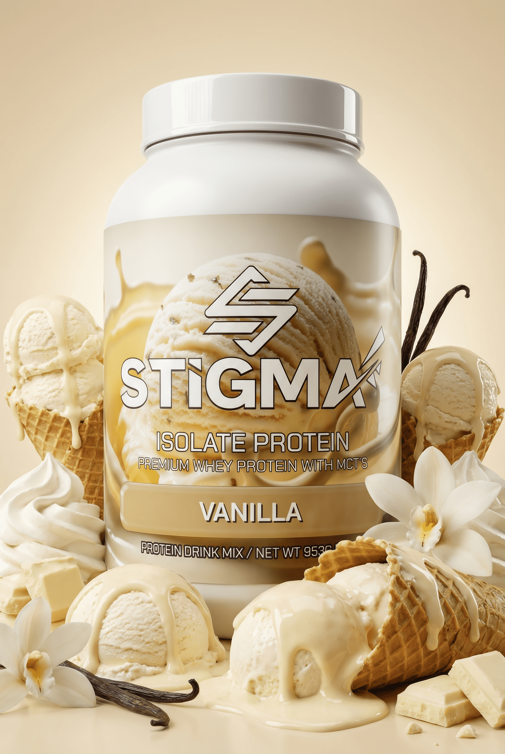 Stigma Vanilla Whey Protein Isolate with MCTs, 25g premium whey protein per scoop