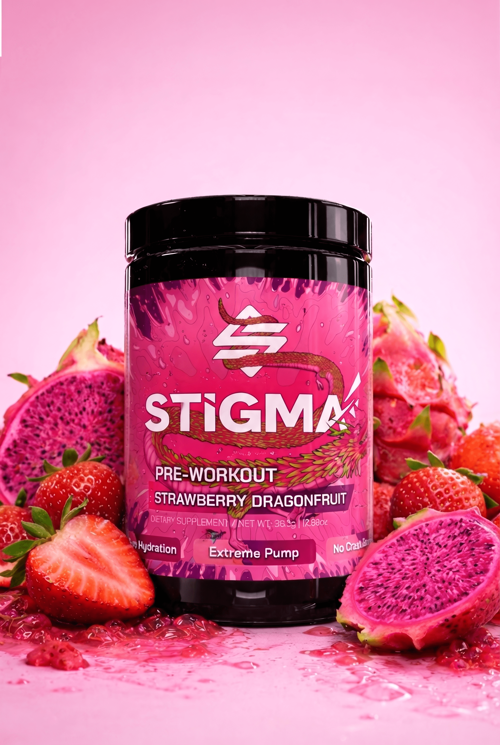 Stigma Pre-Workout Strawberry Dragonfruit, fully dosed pre-workout powder with 8g citrulline
