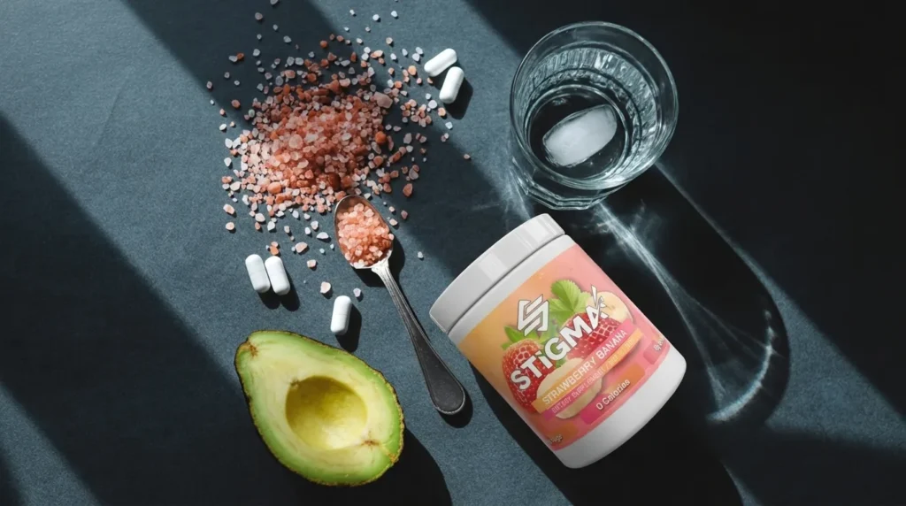 Electrolyte protocol for keto flu: pink Himalayan salt, magnesium capsules, and avocado on a dark background representing sodium, magnesium, and potassium