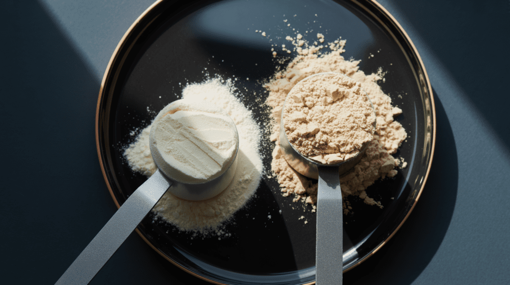 Whey protein isolate vs concentrate comparison: two scoops of whey protein powder showing the textural difference between the two forms
